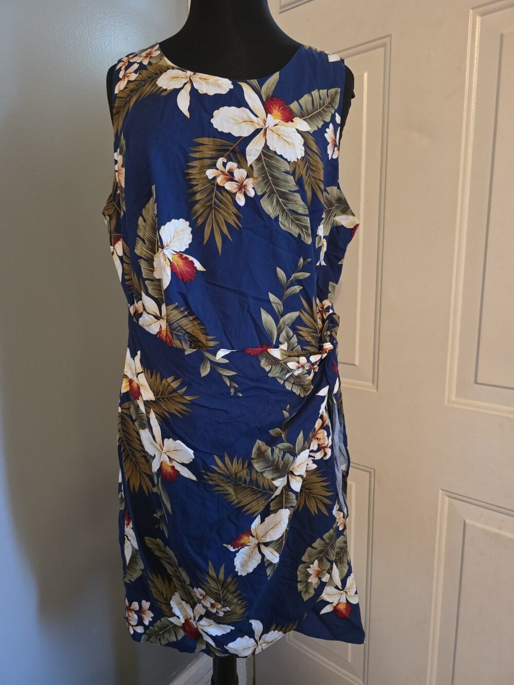 Vtg Two Palms Floral Faux Wrap Dress Hawaii Made Rayon 2XL Resort Wear Blue
